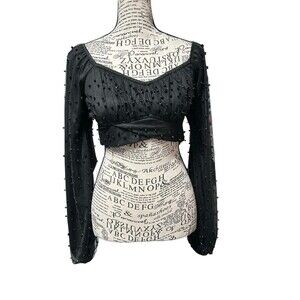 Y2K Crop Mesh Sleeve Beaded Black Blouse Size S Whimsigoth Dark Fairy Grunge